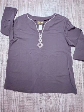 Bob Mackie Eggplant Purple Long Sleeve Top with Beaded Necklace Detail